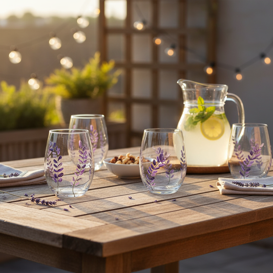 Set of 4 lavender wine glasses on patio
