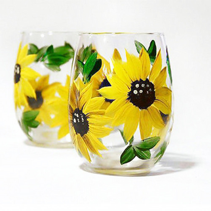 Hand-Painted Sunflower Stemless Wine Glasses – Set of 2, Bright Yellow Floral Design