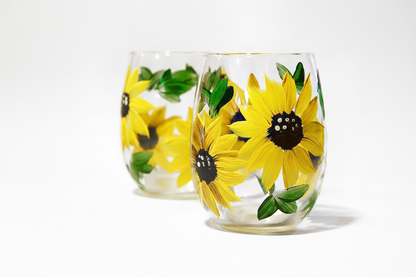 Hand-Painted Sunflower Stemless Wine Glasses – Set of 2, Bright Yellow Floral Design