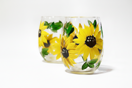 Hand-Painted Sunflower Stemless Wine Glasses – Set of 2, Bright Yellow Floral Design