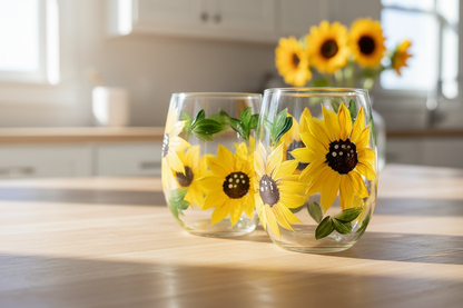 Two stemless wine glasses with sunflower designs on a white background
