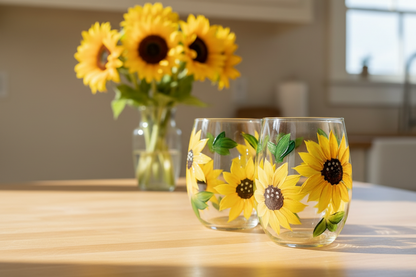 Two stemless wine glasses with sunflower designs on a white background