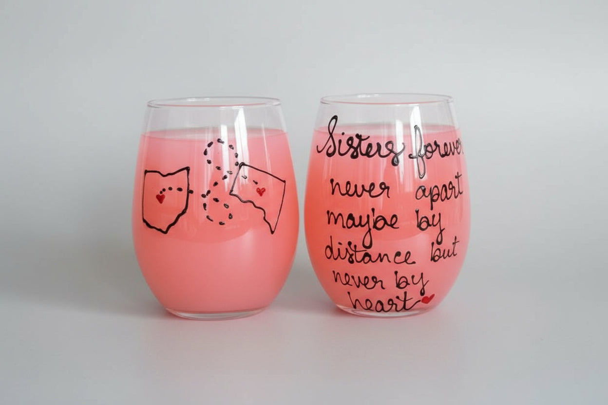 sisters long distance wine glass 
