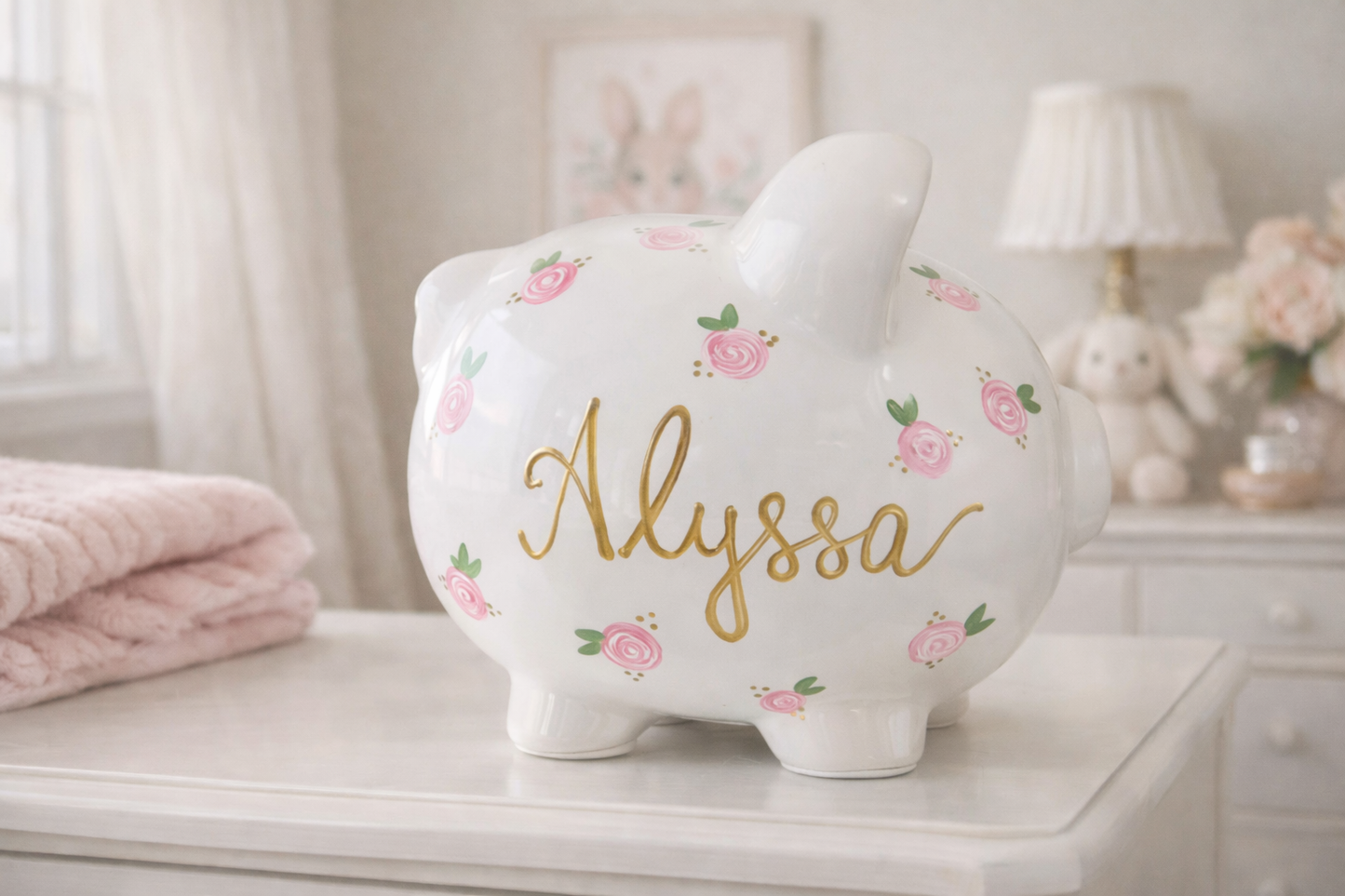 Large Personalized Piggy Bank for Girls - Hand-Painted Pink Flowers | Custom Baby Gift