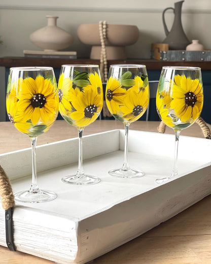 Hand-Painted Sunflower Stemless Wine Glasses – Set of 2