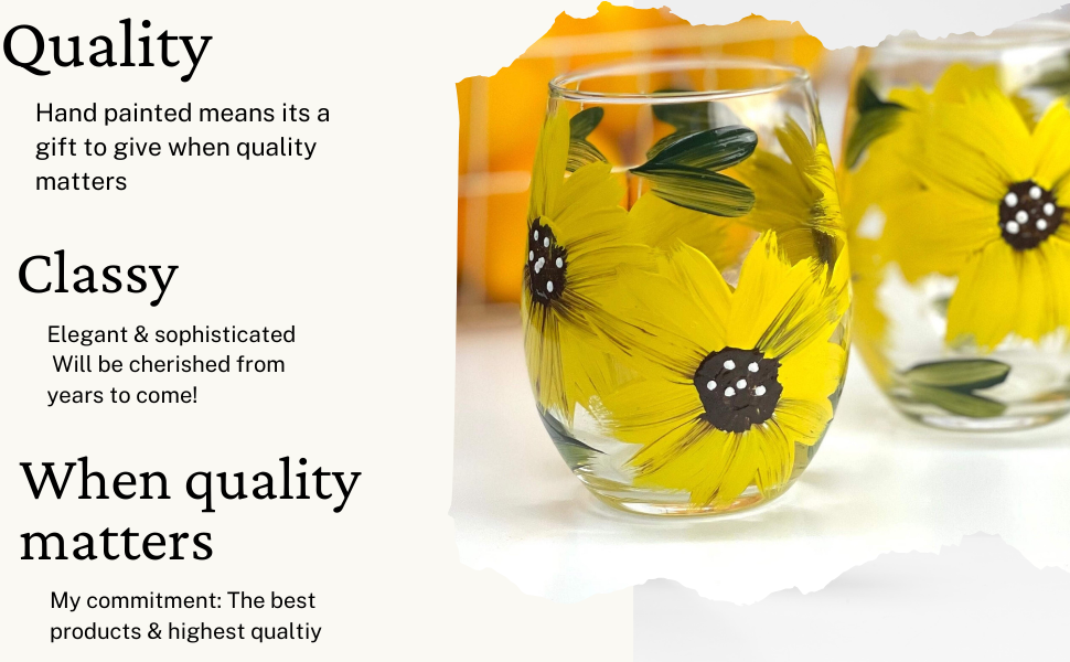Hand-painted sunflower stemless wine glass in a rustic farmhouse setting


