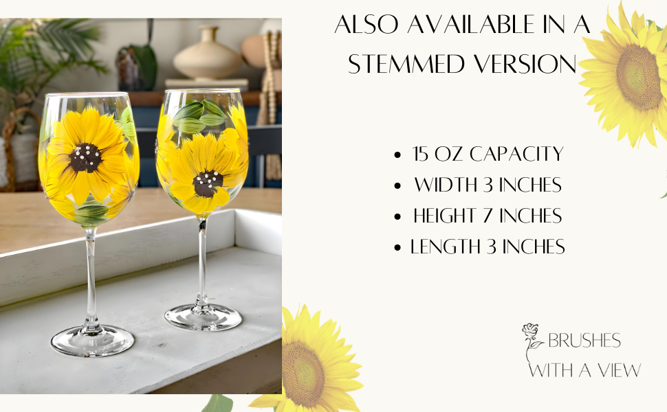 Hand-painted sunflower stemmed wine glass in a rustic farmhouse setting

