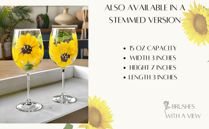 Hand-painted sunflower stemmed wine glass in a rustic farmhouse setting

