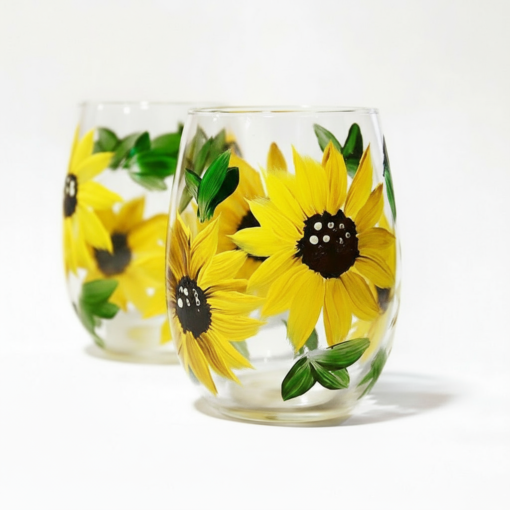 Sunflower wine glasses on pure white background