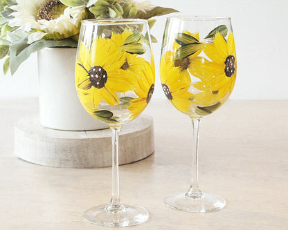 Hand-Painted Sunflower Stemless Wine Glasses – Set of 2