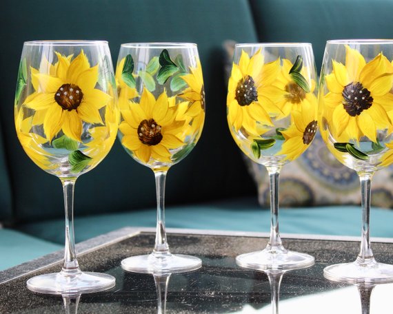 Hand-Painted Sunflower Wine Glasses – Set of 4 Stemmed, Bright Yellow Floral Design