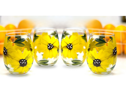 Hand-Painted Sunflower Stemless Wine Glasses – Set of 4, Bright Yellow Floral Design