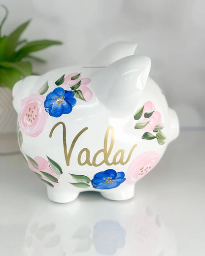 Personalized Piggy Bank for Girls – Pink & Blue Boho Floral Baby Gift