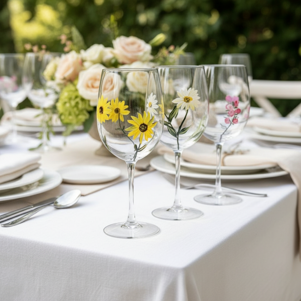Wine glasses garden party setting