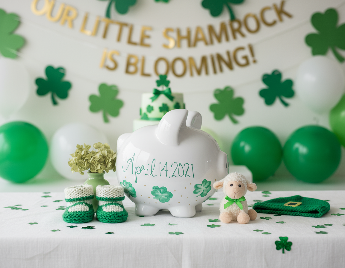 Your shamrock piggy bank with Irish decorations