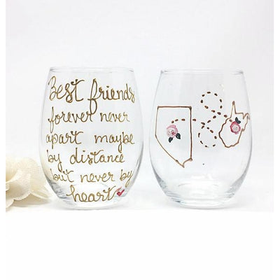 Long Distance Best Friend Wine Glass Stemmed or Stemless, Gold Metallic