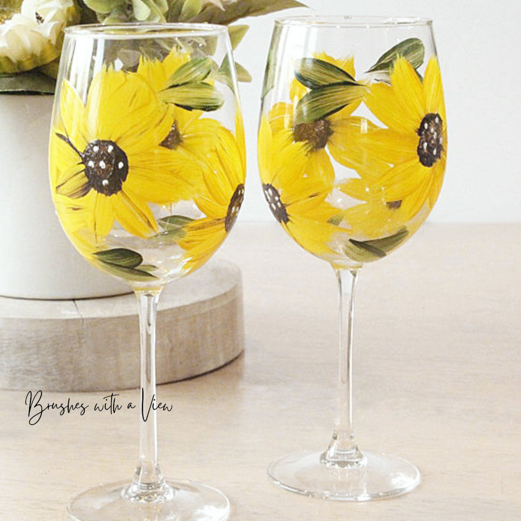 Sunflower Stemmed Wine Glasses - Gift for Women - Sunflower Kitchen Decor -  Rustic Country Farmhouse - Set of 2-12 ounce stemmed - Hand Painted