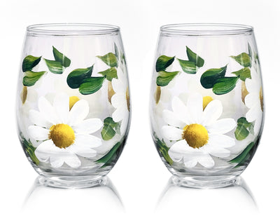 White Daisy Flower Wine Glasses- Set of 2 - 12 ounce  Stemmed or 15 ounce Stemless Wine Glass Set