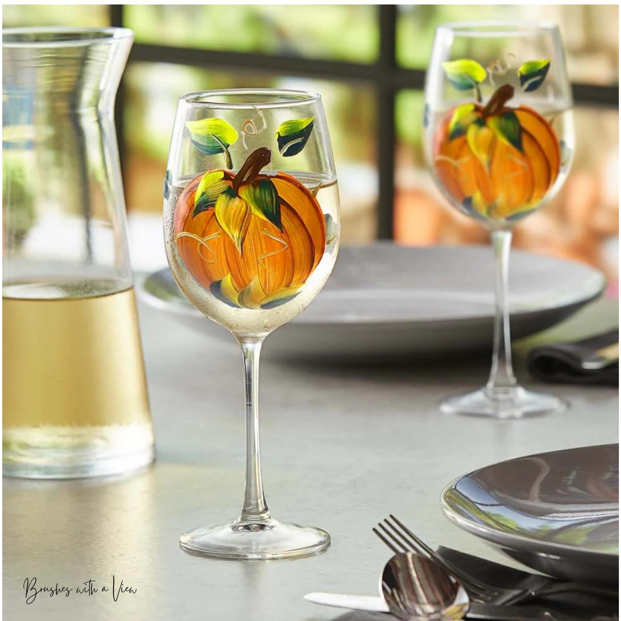 Harvest Pumpkin Hand-Painted Stemmed Wine Glass - Set of 2- 12