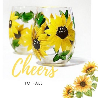Hand-Painted Sunflower Stemless Wine Glasses – Set of 2