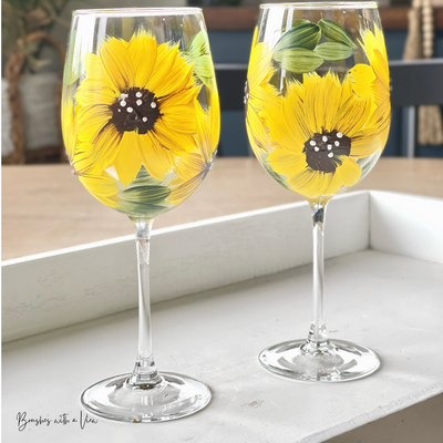 Sunflower Wine Glass Hand Painted Stemmed Set of 2 - Brushes with a Vie