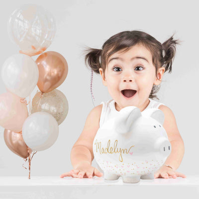 Personalized Hand Painted Piggy Bank with gold and pink hearts