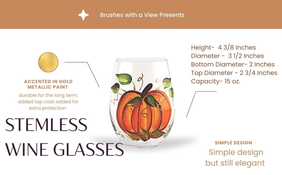 Harvest Pumpkin Hand-Painted Stemmed Wine Glass - Set of 2- 12 ounce