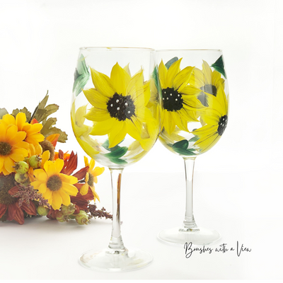 Sunflower Wine Glass Hand Painted Stemmed Set of 2 - Brushes with a Vie