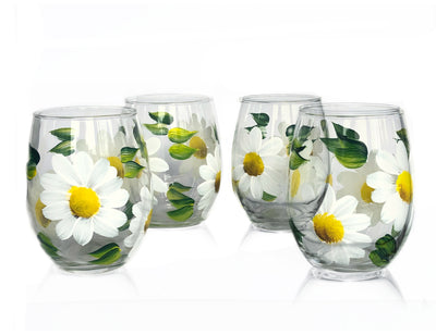 Daisy painted wine glasses- Stemmed or Stemless - Brushes with a View