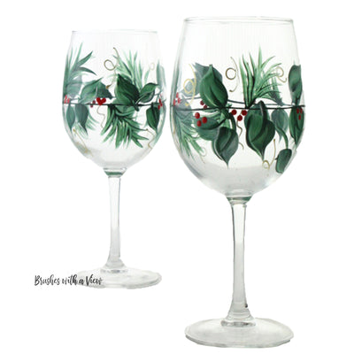 Christmas Wine Glasses -  Set of 2 Stemmed - Hand Painted