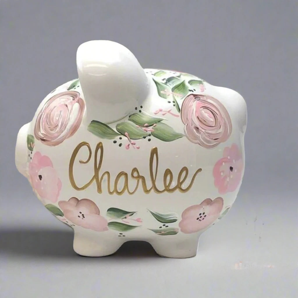 Custom Hand Painted Boho Flowers Piggy Bank - Personalized Pink Flowers