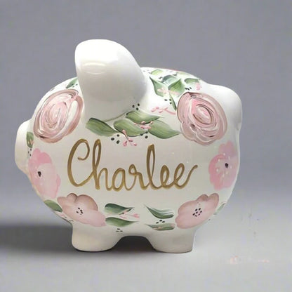 Custom Hand Painted Boho Flowers Piggy Bank - Personalized Pink Flowers