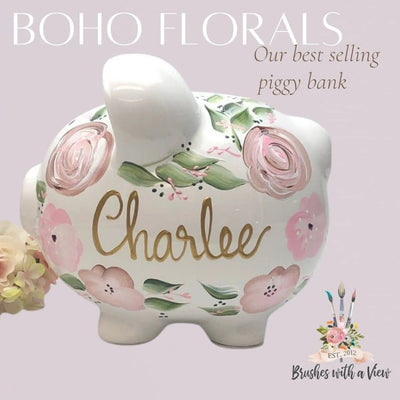 Custom Hand Painted Boho Flowers Piggy Bank - Personalized Pink Flowers