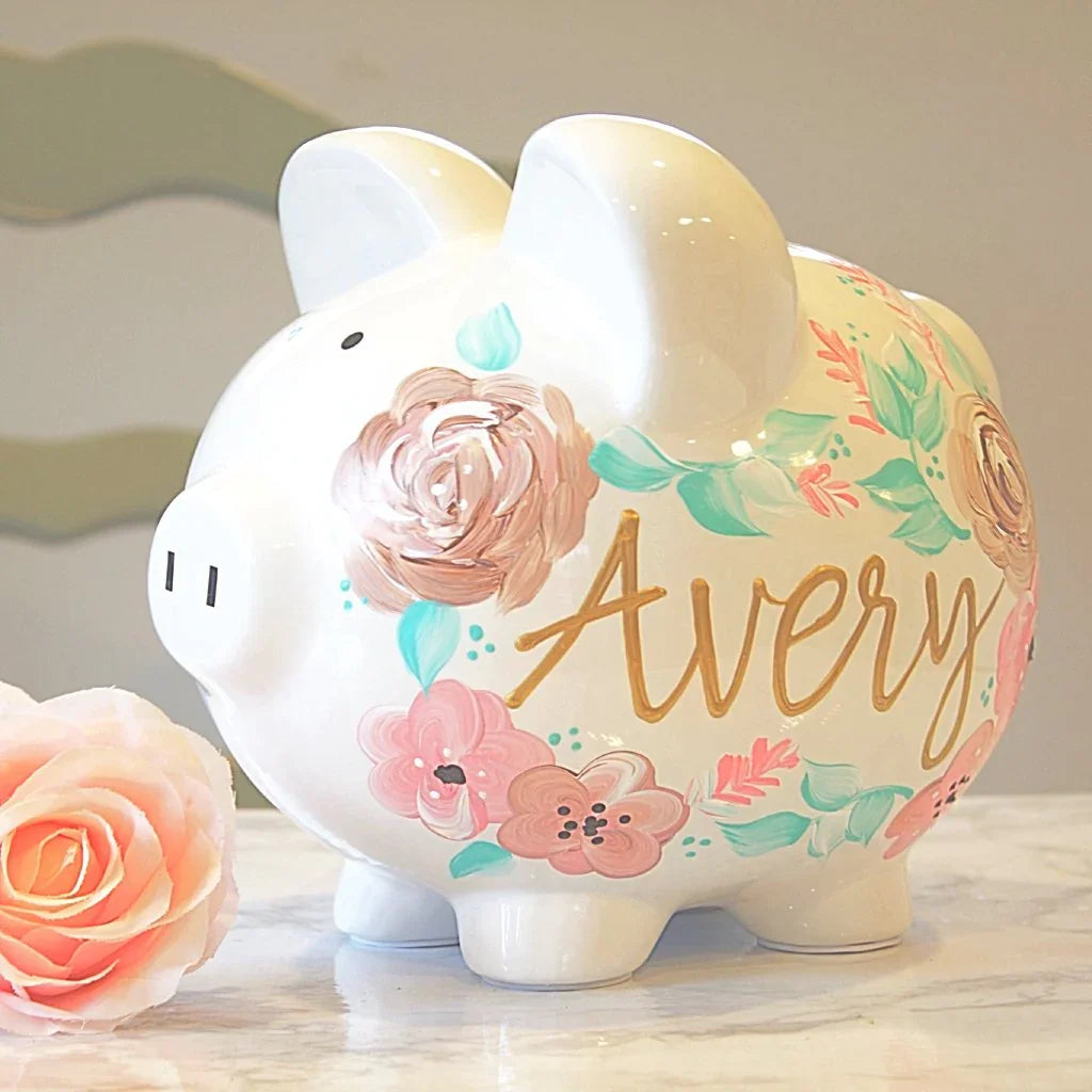 Customized Coin Bank Custom painted piggy bank for girls, showcasing delicate flowers—ideal ...