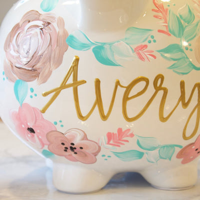 Large BOHO PAINTED PIGGY Bank, Baby Girl Gift, Personalized Piggy Bank for Girls