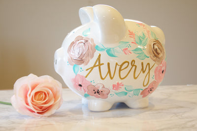 Large BOHO PAINTED PIGGY Bank, Baby Girl Gift, Personalized Piggy Bank for Girls