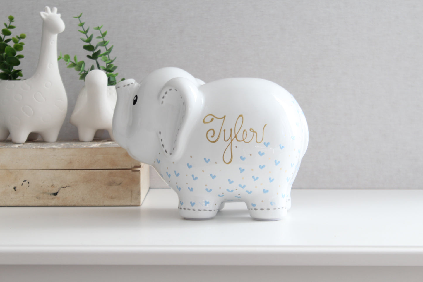elephant piggy bank with light blue hearts for boys 