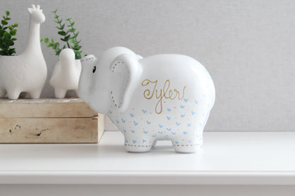 elephant piggy bank with light blue hearts for boys 