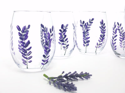 Lavender flower Stemless Wine Glasses -  Set of 4 - Hand Painted