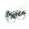 Christmas Wine Glasses - Set of 2 Stemless  - Hand Painted -  Holly and Berry