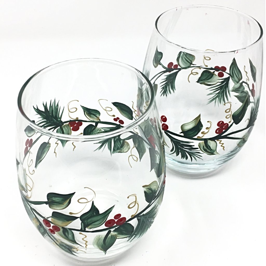 Christmas Wine Glasses - Set of 2 Stemless - Hand Painted - Holly