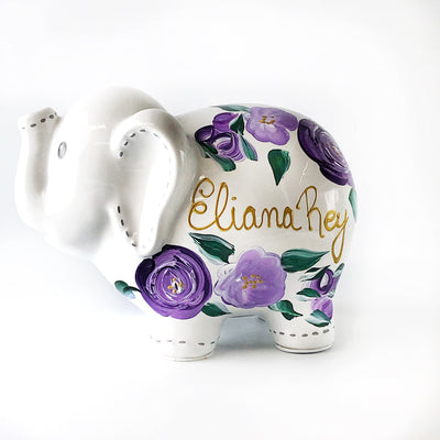 Personalized Elephant Piggy Bank, Purple Floral Baby Girl