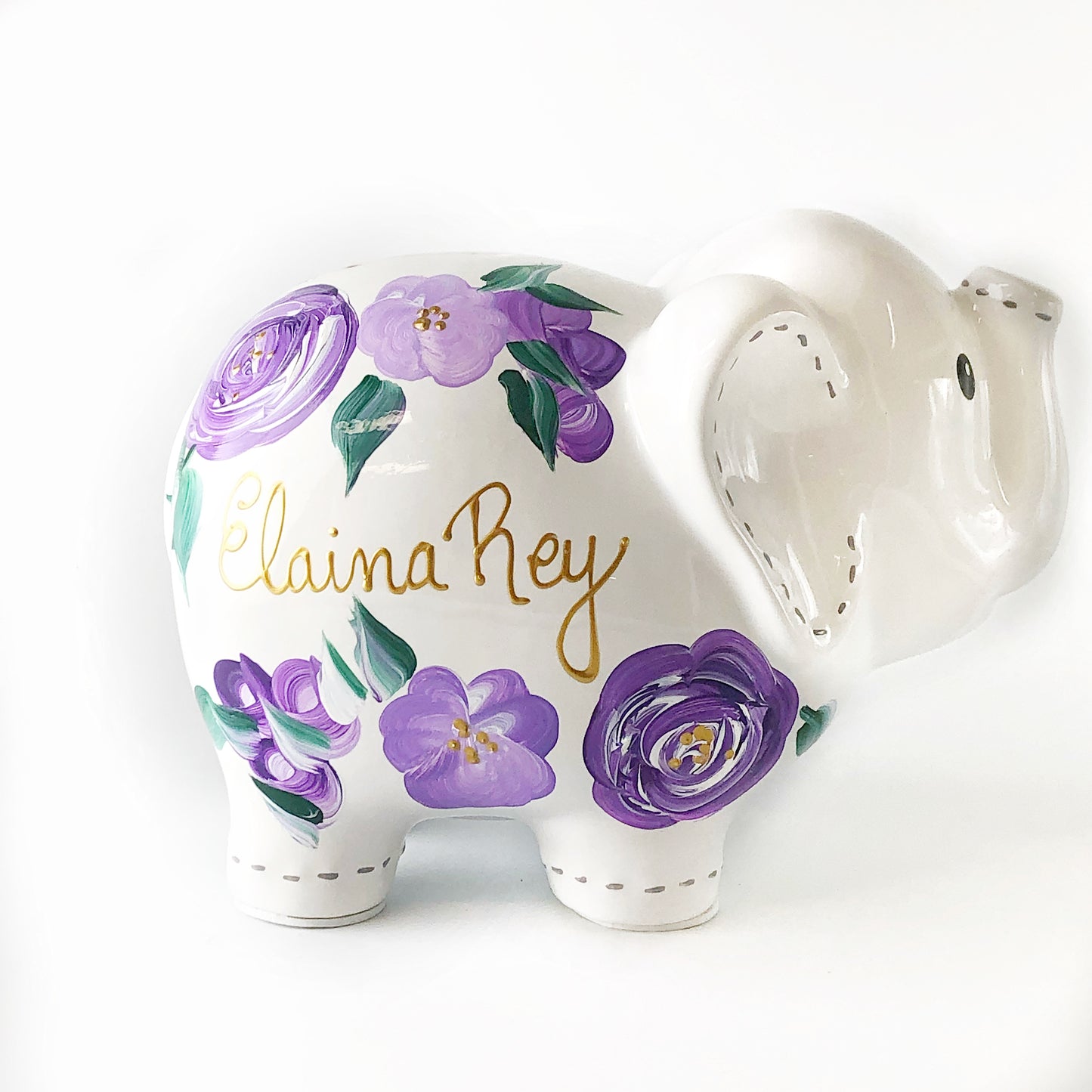 Personalized Elephant Piggy Bank, Purple Floral Baby Girl 