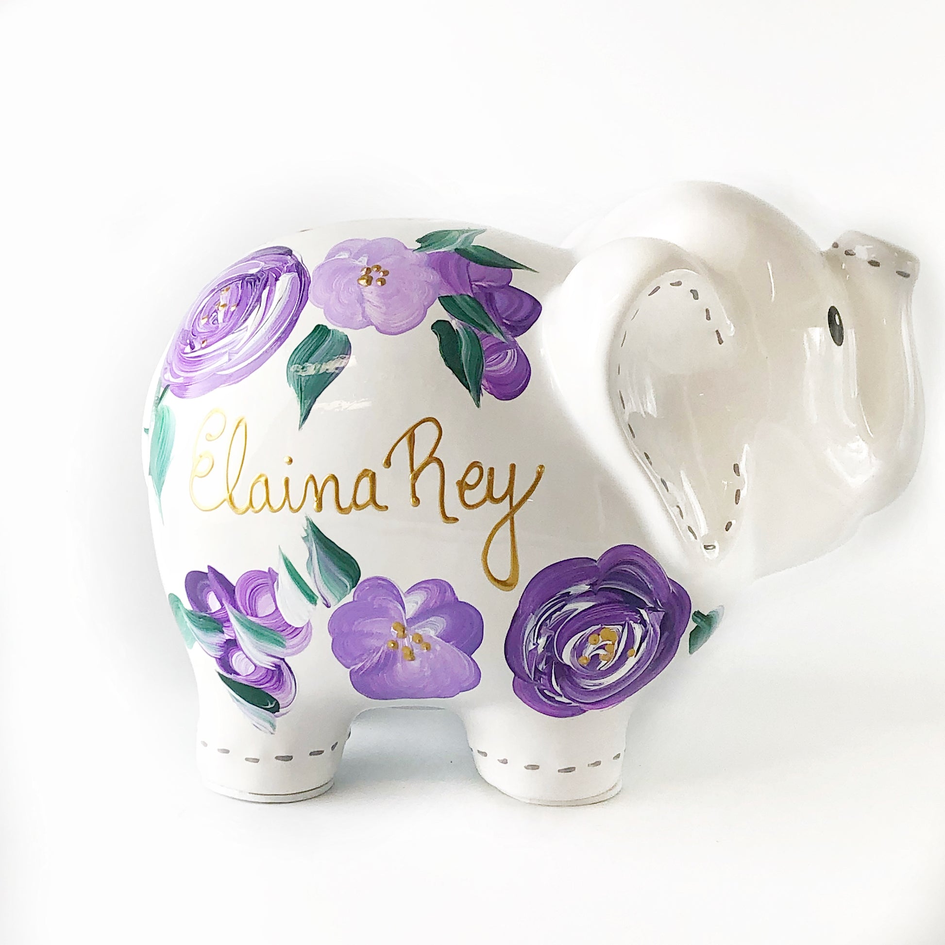 Personalized Elephant Piggy Bank, Purple Floral Baby Girl 