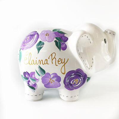 Personalized Elephant Piggy Bank, Purple Floral Baby Girl