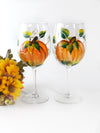 Harvest Pumpkin Hand-Painted Stemmed Wine Glass - Set of 2- 12 ounce