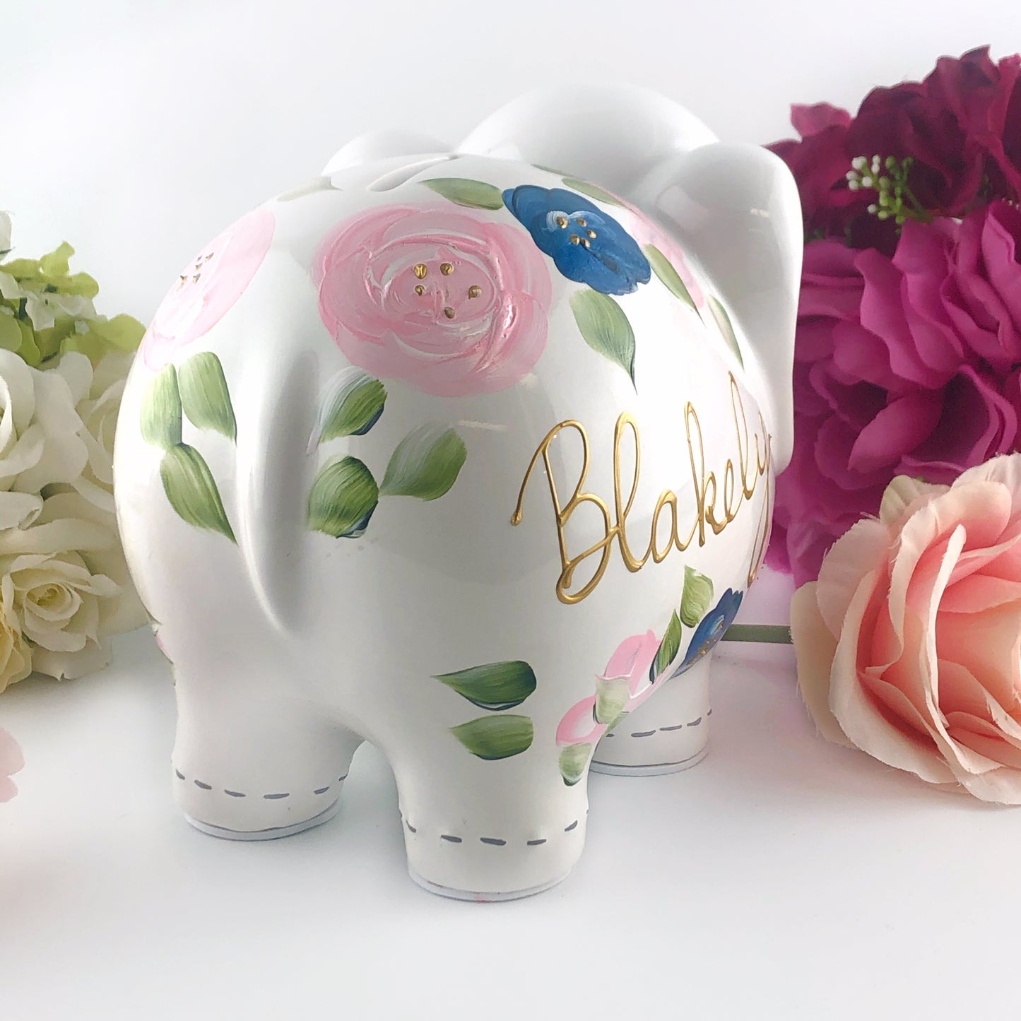 Hand Painted Elephant Piggy Bank with Light Pink and Navy Blue Flowers