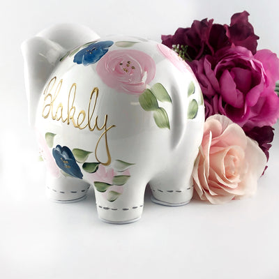 Hand Painted Elephant Piggy Bank with Light Pink and Navy Blue Flowers