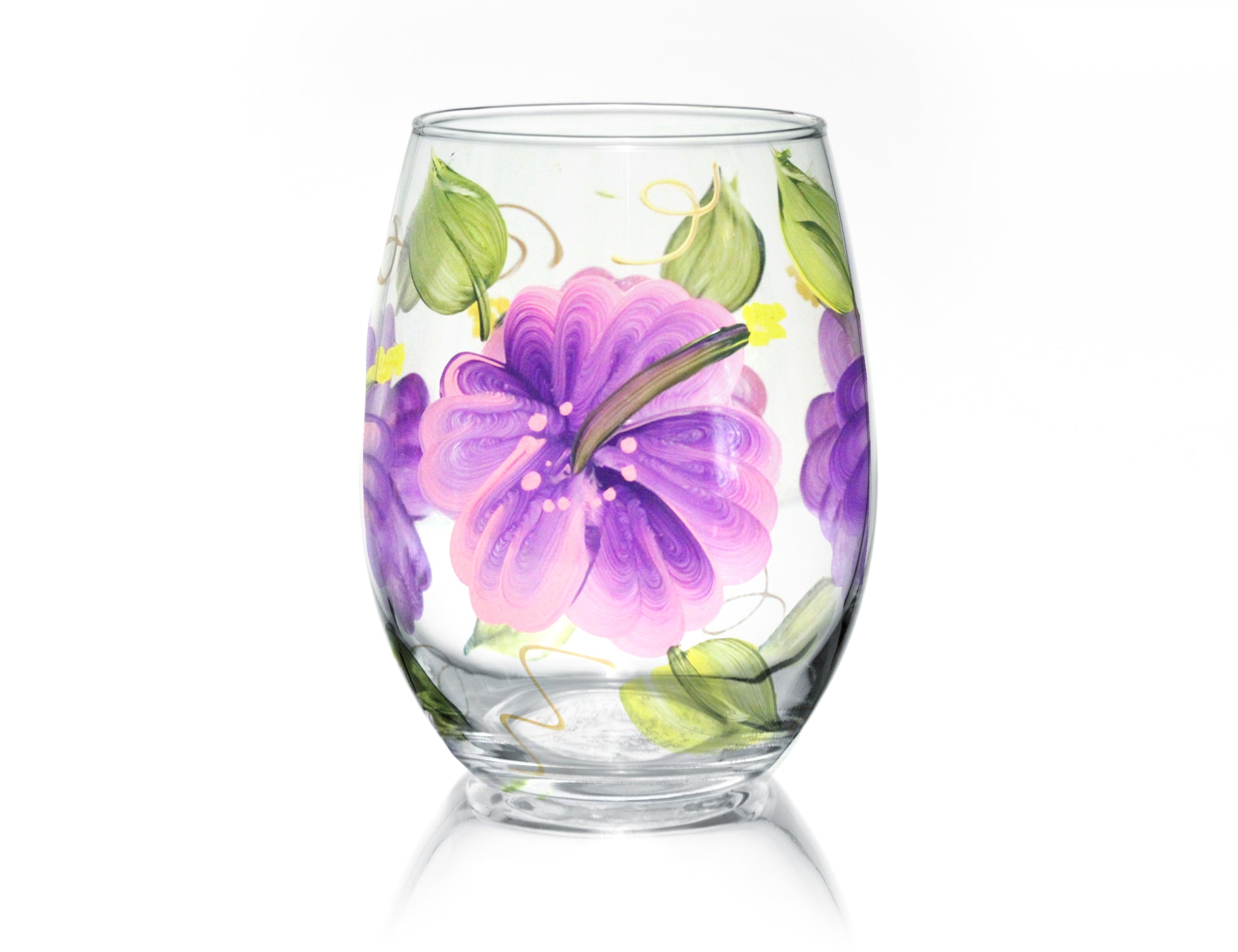 Hibiscus Hand painted Stemless Wine Glass, 15 oz. - Brushes with a View 