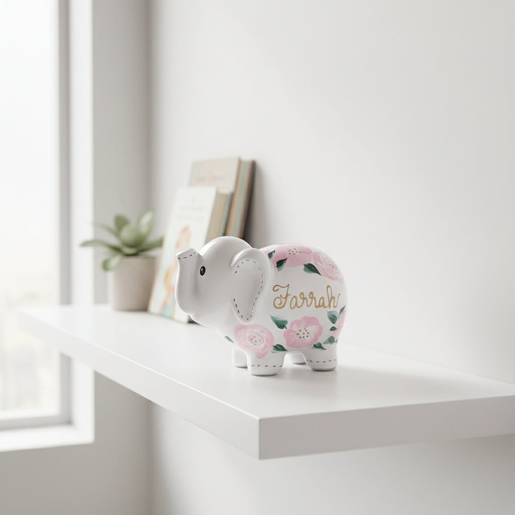 Personalized Elephant Piggy Bank, Pink Floral Baby Girl 
